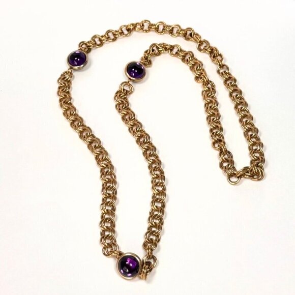 VTG Chunky Long Chain Necklace Three Stone Cabochon Amethyst 18K Gold Plated - Picture 3 of 10